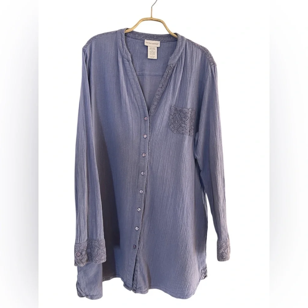 Soft Surroundings Lilac Periwinkle Gauze Lace Trim Button Front Tunic Top L - Picture 2 of 4